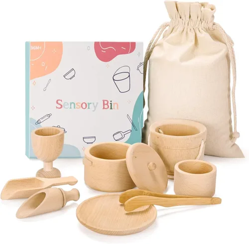 Montessori Juguetes sensoriales de contenedores para niños de 1 año Paquete de 9 juguetes Waldorf de madera con palas y pinzas para el trabajo de