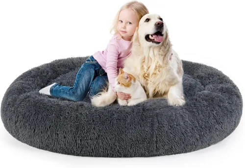 Miniatura 13 de Cama para perros, cama calmante para gatos, cama de felpa de piel sintética con forma de rosquilla para mascotas, cama redonda para perros y gatos