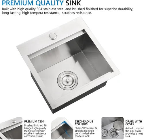 Miniatura 4 de Fregadero de cocina desplegable de 15 x 15 pulgadas, fregadero de cocina de acero inoxidable calibre 16, fregadero compacto de montaje superior
