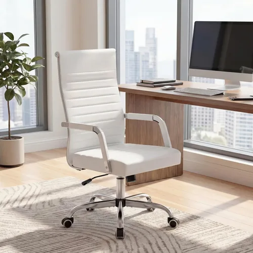 Miniatura 2 de Furmax silla de escritorio de oficina acanalada con respaldo medio de piel sintética silla de trabajo ejecutiva de conferencia silla giratoria Blanco