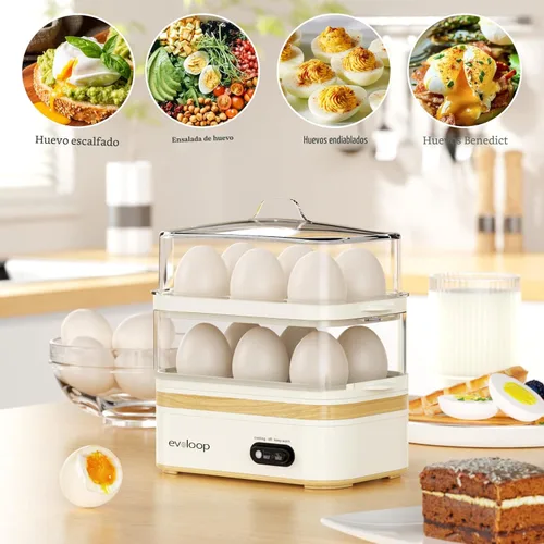 Miniatura 5 de Evoloop Olla de Huevos Rápida Eléctrica de 12 Huevos de Capacidad, para Huevos Blandos, Medianos, Duros, Escalfados, Fabricante de Tortillas, Blanco