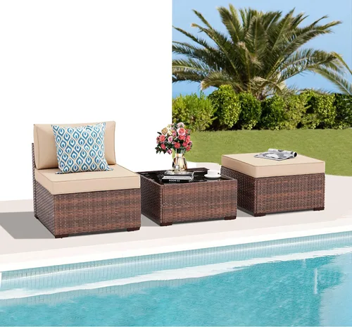 Patiorama Juego de muebles de patio de 3 piezas, sofá seccional para exteriores, juego de conversación de ratán de mimbre de polietileno, silla sin