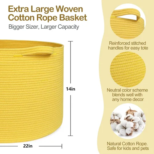Miniatura 2 de MEGASKET Cesta amarilla extragrande, 22 x 22 x 14 pulgadas, cuerda de algodón, decoración amarilla para sala de estar, dormitorio, cesta tejida