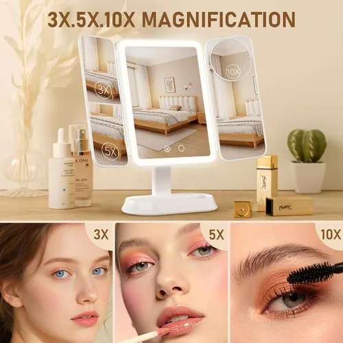 Miniatura 2 de FRANO Espejo de maquillaje plegable de tres pliegues con luces, espejo recargable con aumento de 2X/3X/10X, espejo de tocador portátil