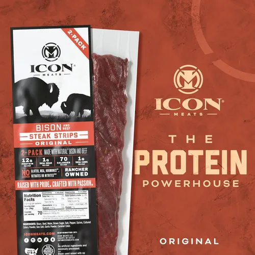 Miniatura 3 de ICON Meats - Tiras de carne seca de bisonte y carne de res, sabor original, 8 paquetes por caja, 2 tiras por paquete, aprobadas por el USDA, palitos