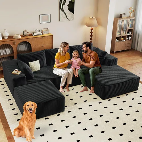 Miniatura 19 de Sofá modular de 95 pulgadas con otomana, moderno sofá nube de pana con asiento profundo, sofá sin hueso tapizado de 3 plazas en forma de U para sala