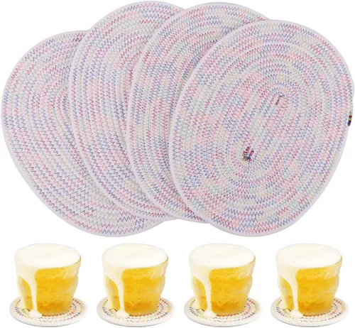 Miniatura 16 de Paquete de 4 manteles individuales de tejido ovalado y juego de 4 posavasos redondos de tela, manteles resistentes al calor, antideslizantes, Negro