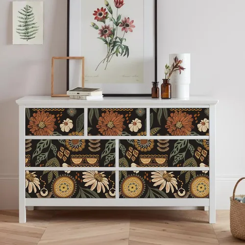 Miniatura 6 de Simon&Siff Papel tapiz bohemio para despegar y pegar, 17.3'' x 80" papel de contacto floral solar retro removible, flores botánicas oscuras, mural