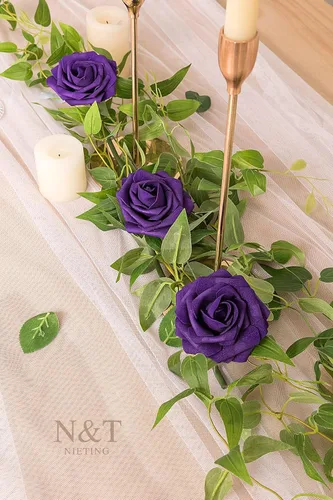 Miniatura 138 de N&T NIETING Flores artificiales, rosas artificiales de color rosa intenso, 50 piezas de flores falsas con tallo para ramos de boda DIY, centros