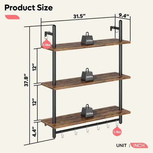 Miniatura 2 de Bestier - Estantería industrial de 3 niveles para tubos, estantes flotantes para libros para pared, estantes colgantes de almacenamiento con barra