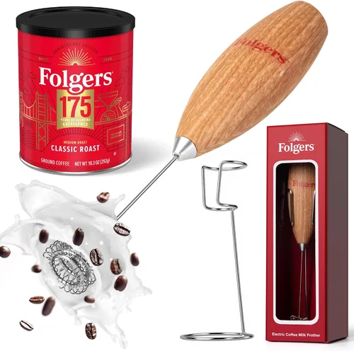 Folgers Espumador eléctrico de leche para café, mezclador de bebidas de mano con batidor y soporte de acero inoxidable, acabado de grano de madera,