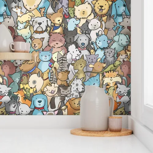 Miniatura 8 de Muestra de papel tapiz extraíble – Perros de rescate de mascotas animales lindos dibujos animados cuarto de niños gatos adoptar habitación