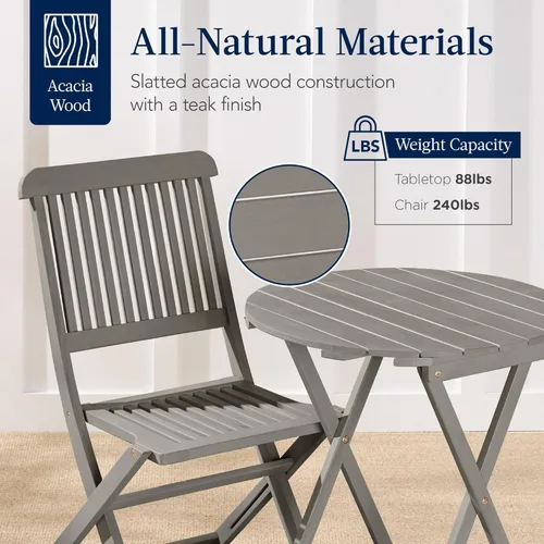 Miniatura 4 de Best Choice Products Juego de 3 piezas de madera de acacia, muebles de patio plegables para patio trasero, balcón, terraza con 2 sillas, mesa de Gris