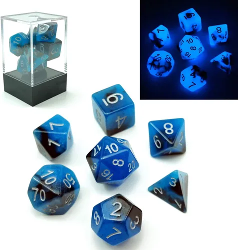 Bescon Juego de dados poliédricos que brillan en la oscuridad de dos tonos Blue Dawn, juego de dados RPG luminosos d4 d6 d8 d10 d12 d20 d% paquete