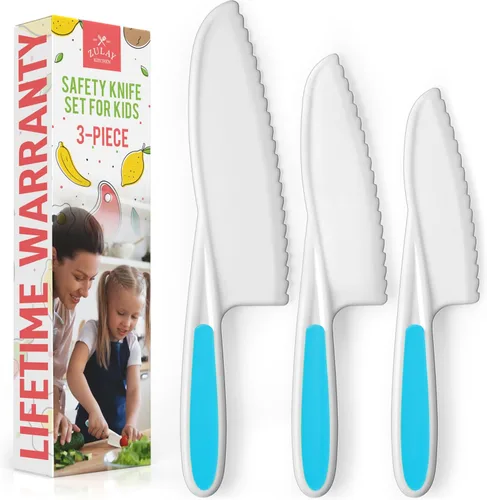 Zulay - Juego de cuchillos infantiles de 3 piezas para cocinar y hornear reales, cuchillos para niños pequeños para cortar frutas, verduras y Azul