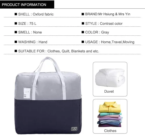 Miniatura 2 de Bolsa de almacenamiento grande de edredón con cremallera de 75 L, bolsa de almacenamiento plegable con asa reforzada, almacenamiento debajo