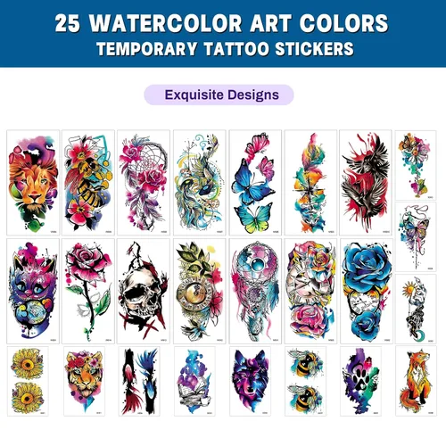 Miniatura 7 de Aresvns Tatuaje temporal de acuarela 3D para barbacoa, piscina, fiesta en la playa, 14 hojas de rosas, flores, mariposas, leones, tatuajes falsos