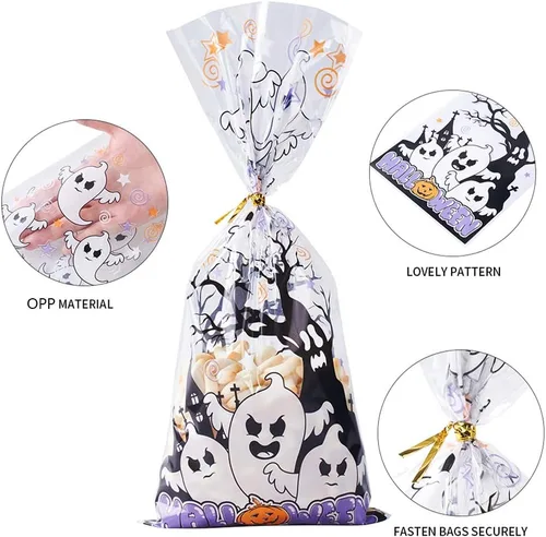 Miniatura 3 de CCINEE Bolsas de celofán para Halloween, 150 bolsas de plástico transparente para dulces con 300 giros para aperitivos y galletas