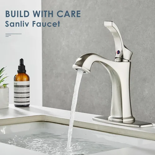 Miniatura 2 de Grifo de Baño de Níquel Cepillado, Grifo de Lavabo de Baño Centerset de Una Sola Manija Sanliv con Desagüe Pop-Up y Placa de Cubierta