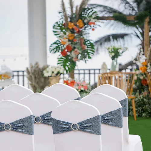 Miniatura 2 de Paquete de 50 bandas de lentejuelas color azul polvoriento para sillas de boda, lazos para fiestas, banquetes de cumpleaños, aniversario, eventos al