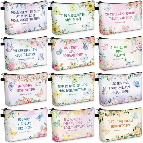 Chunful 12 Piezas Regalos Cristianos Inspiradores Bolsas de Maquillaje Religiosas a Granel para Mujeres Bolsa de Cosméticos con Versículos Bíblicos