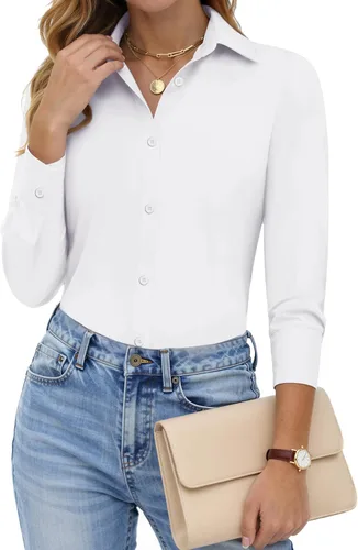 Miniatura 2 de HOTOUCH Camisas de manga larga con botones para mujer, camisas de vestir con protección contra manchas, ajuste delgado, blusas de trabajo, oficina