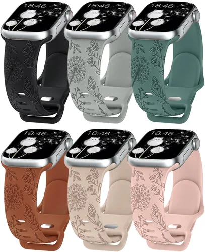 Miniatura 8 de Minyee - Correa floral grabada compatible con Apple Watch de 41mm 40mm 38mm 42mm 44mm 45mm 46mm 49mm para mujeres, correa deportiva de silicona