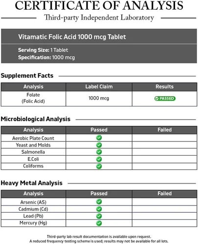 Miniatura 3 de Vitamatic Ácido fólico 1000 mcg (1 mg) - Tabletas vegetarianas - 1667 mcg DFE - Vitamina B9 (240 unidades (paquete de 1))