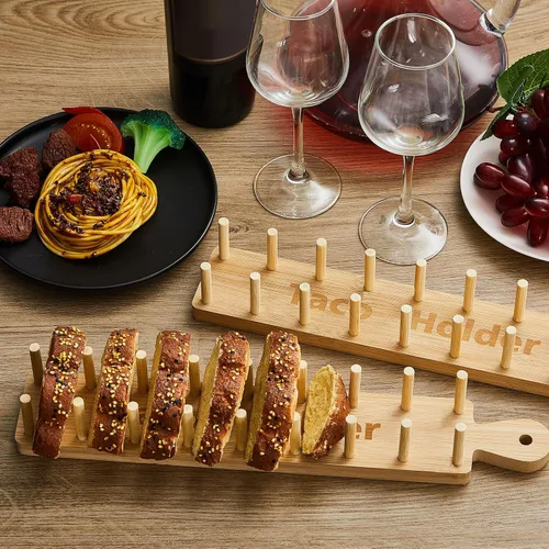 Miniatura 6 de Pinkunn 4 bandejas de bambú para tacos, 8 bandejas de tacos suaves o rígidos, soporte de madera para servir alimentos para tortillas, burritos