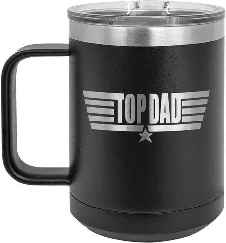 TOP DAD Taza de café negra de 15 oz con tapa deslizante | Taza de café de viaje aislada | Ideas de regalos del día del padre de hijo o hija |