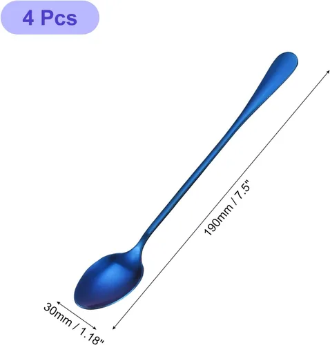Miniatura 2 de uxcell Juego de 4 cucharas de mango largo, cuchara de helado de acero inoxidable de 7.5 pulgadas, cucharas de café para mezclar, bebidas, café (azul)