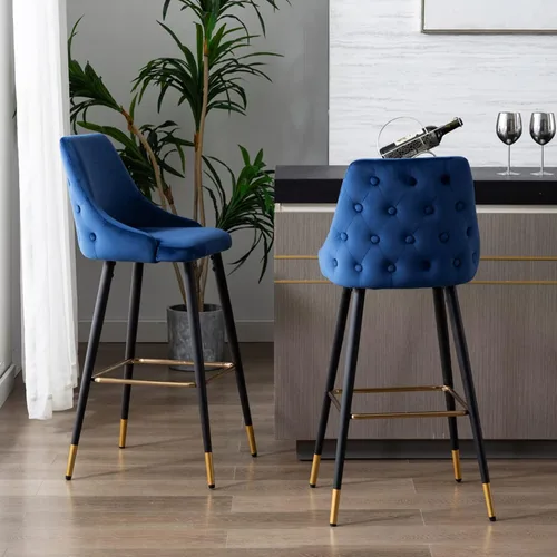 Miniatura 3 de DUHOME Juego de 2 taburetes de bar con botones de terciopelo, modernos taburetes de bar de 30 pulgadas con respaldo y base dorada para cocina, Azul