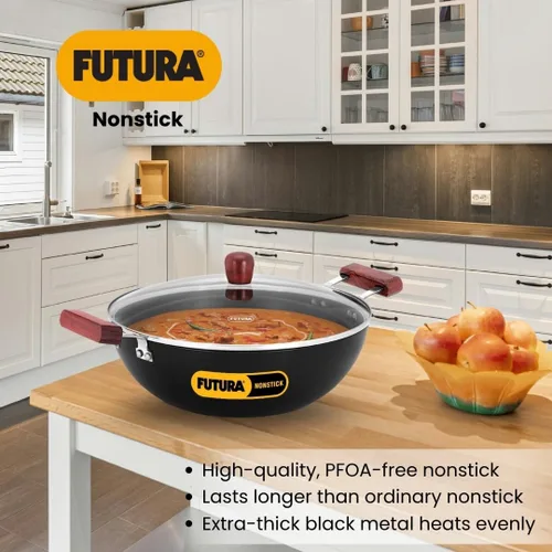 Miniatura 2 de Hawkins Futura Kadhai de 5 litros de profundidad, Kadai antiadherente con tapa de cristal, fondo plano de inducción, Kadhai, color negro (INK50G)