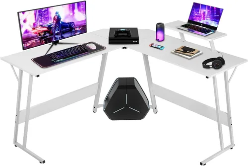 Miniatura 8 de NChanmar Escritorio para juegos en forma de L con soporte elevador para monitor, escritorio de esquina para oficina en casa para estudiar, trabajar