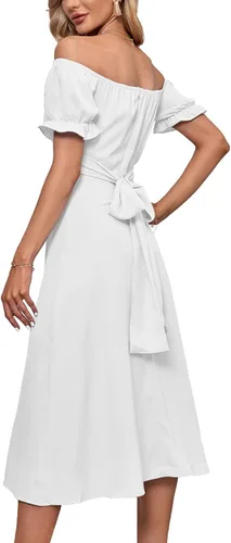 Miniatura 2 de LYANER - Vestido fruncido con hombros descubiertos, volantes, cruzado, de manga corta y abombada, para atar por detrás