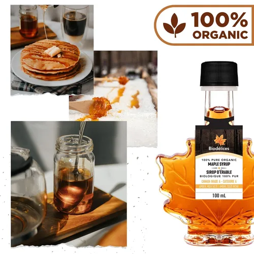 Miniatura 4 de Biodélices - Jarabe de arce orgánico 100 % puro, grado A, lo mejor de Quebec en elegante botella de hoja de arce de Biodélices