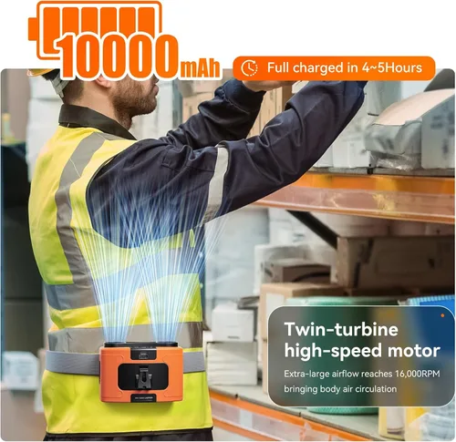 Miniatura 5 de Doublepow - Ventilador de cintura portátil de 10000 mAh, ventilador personal de doble cintura, cuello colgante de cinturón, doble motor de 20 horas