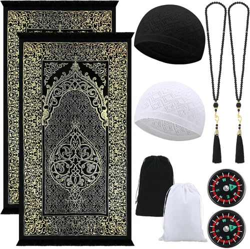 Mindsoft 10 alfombras de oración musulmana islámica con sombreros Kufi, gorra de oración, cuentas de oración musulmanas Tasbih, brújula portátil y