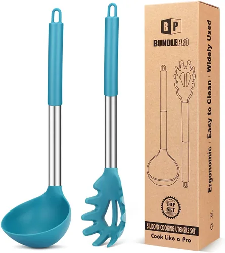 Miniatura 14 de Juego de tenedor y cucharón de silicona para pasta, utensilios de cocina grandes antiadherentes para cocinar, agitar, servir espaguetis, sopa, salsa