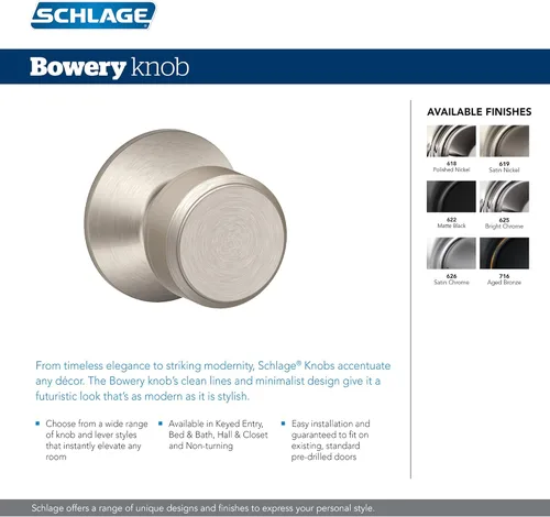SCHLAGE F40 BWE 716 Bowery Pomo de Puerta, Cerradura de Privacidad para Dormitorio y Baño, Bronce Envejecido (Paquete de 4)