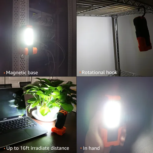 Miniatura 3 de Luz de trabajo LED transportable, 200 lúmenes, multiuso, linterna, base magnética y gancho para colgar, a batería, 5000 K luz de día, ángulo