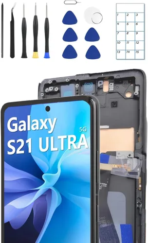 Reemplazo de pantalla OLED para Samsung Galaxy S21 Ultra 5G con marco y sensor de huellas dactilares, incluye kit completo de herramientas y guía de