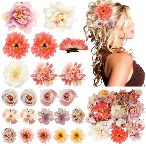 Miniatura 8 de Ahoney 20 pinzas para el cabello con flores tropicales para mujeres y niñas, pasadores de pelo de flores artificiales hawaianas, horquillas de gasa