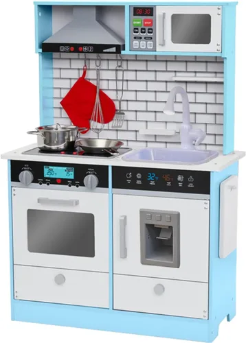 Lil' Jumbl Juego de cocina pequeño azul para niños, cocina de juego de madera de imitación, incluye campana extractora, microondas, estufa, horno