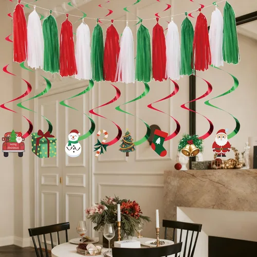 Miniatura 4 de Juego de decoraciones para fiesta de Navidad – Letrero de Feliz Navidad, guirnalda de borlas rojas, verdes y blancas, abanicos de papel y adornos