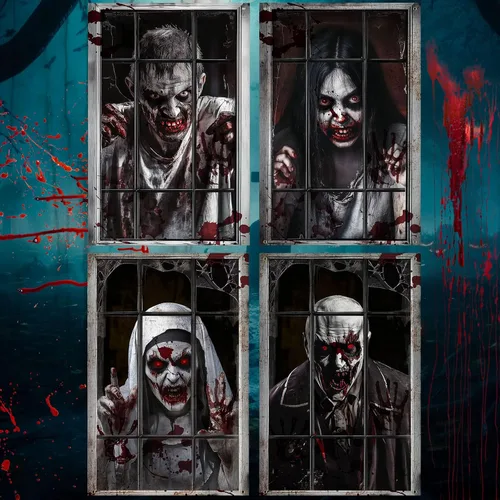 Miniatura 9 de SmoothNovelty 4 Pack Halloween Window Decorations Halloween Clown Curtain Scary Window Silhouettes Cover, Horror Clown with Blood for Garage Door
