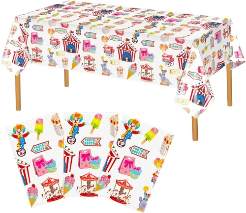 Hxezoc Paquete de 3 manteles de fiesta de circo, 54 x 108 pulgadas, cubierta de mesa de carnaval de plástico desechable para decoraciones de fiestas