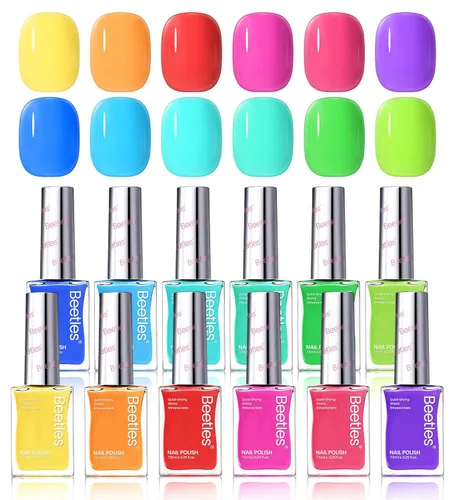 Beetles - Juego de esmaltes de uñas de neón – Kit de esmalte de uñas de secado rápido, 12 colores, rosa intenso, verde, azul, amarillo, rojo, secado