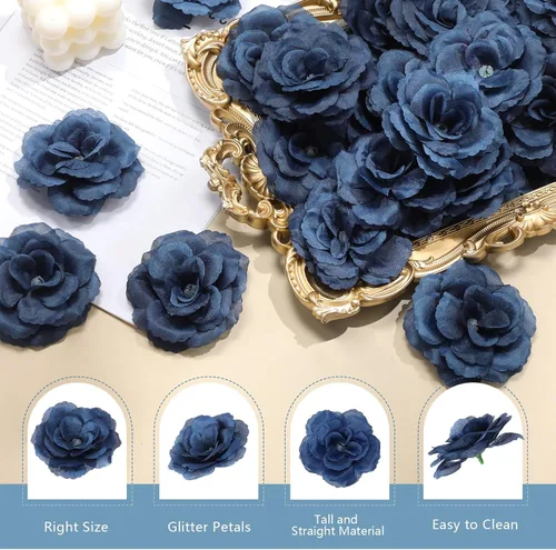 Miniatura 3 de 200 flores artificiales de seda falsa de 3 pulgadas con tallo de esmeralda, rosa sintética y tallo de 6 pulgadas para boda, ramo de novia, Azul