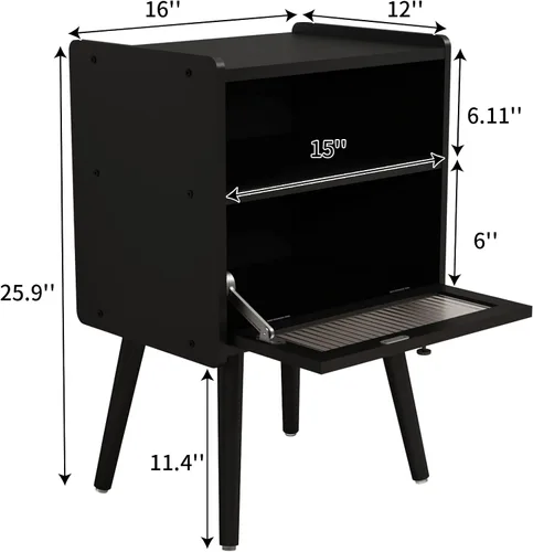 Miniatura 3 de Mesita de noche moderna de mediados de siglo, mesa auxiliar con almacenamiento, mesitas de noche con puerta de cristal, mesa auxiliar con patas
